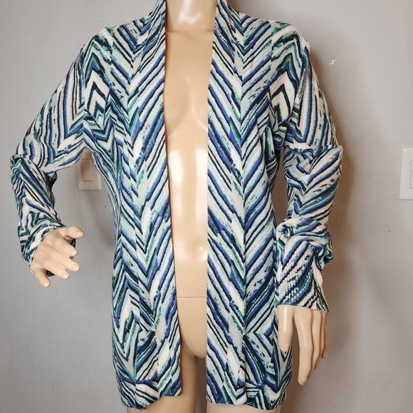 Nic + Zoe linen blend open front cardigan. Women's size medium. Blue green - Picture 1 of 16